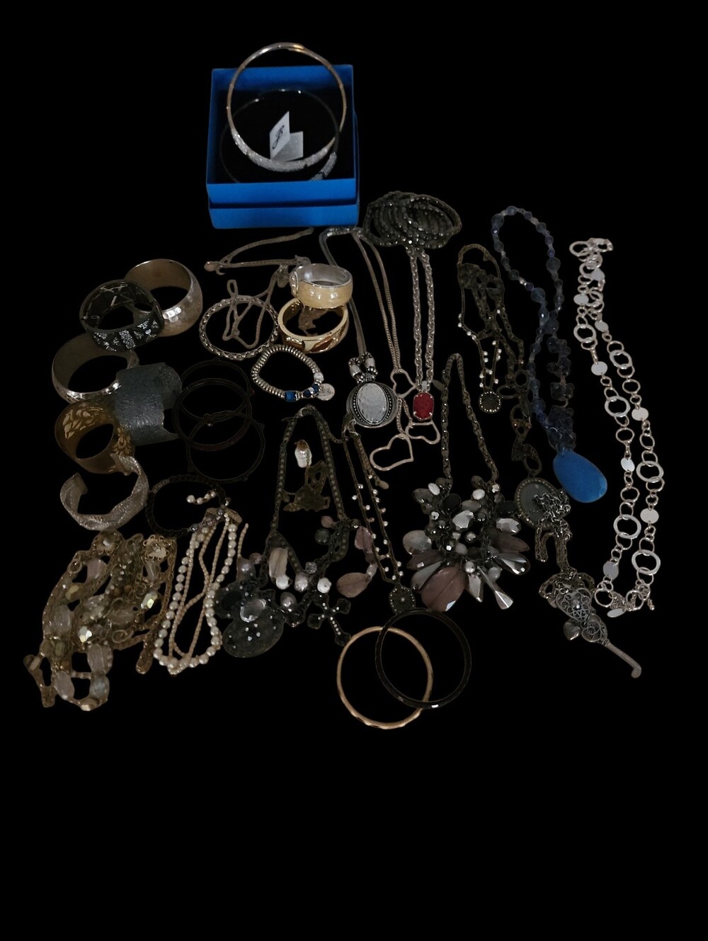 Costume Jewelry Bundle Of 35 Pieces. Necklaces, Chains, Bracelets, Cuffs, Beaded